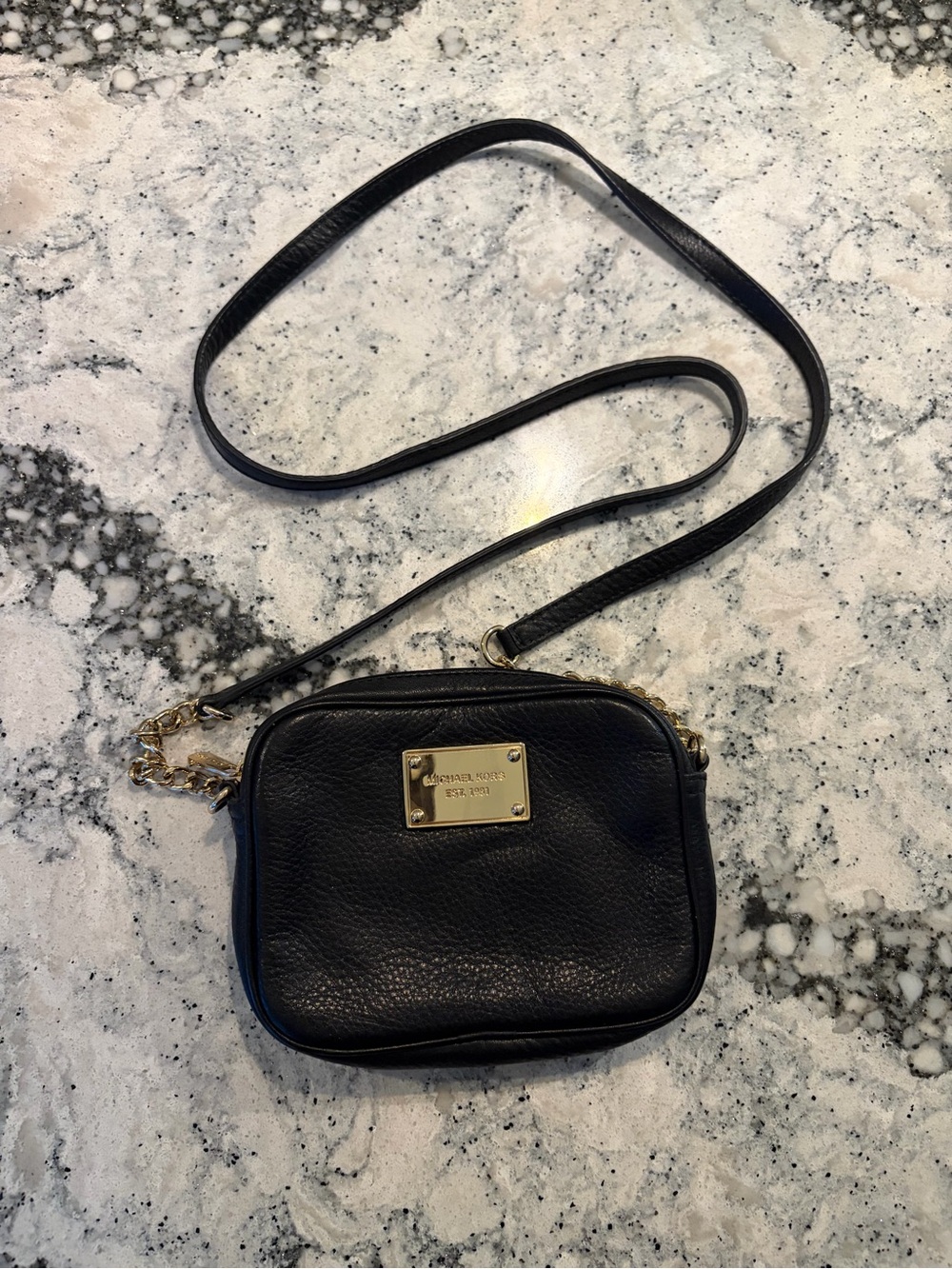Michael Kors Black Leather Crossbody with Gold Plaque
